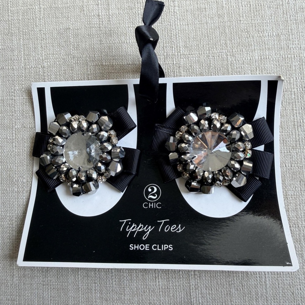 2 Chic Tippy Toes Shoe Clips Womens Silver Black Rhinestone Crystal Bow Pair Y2K
